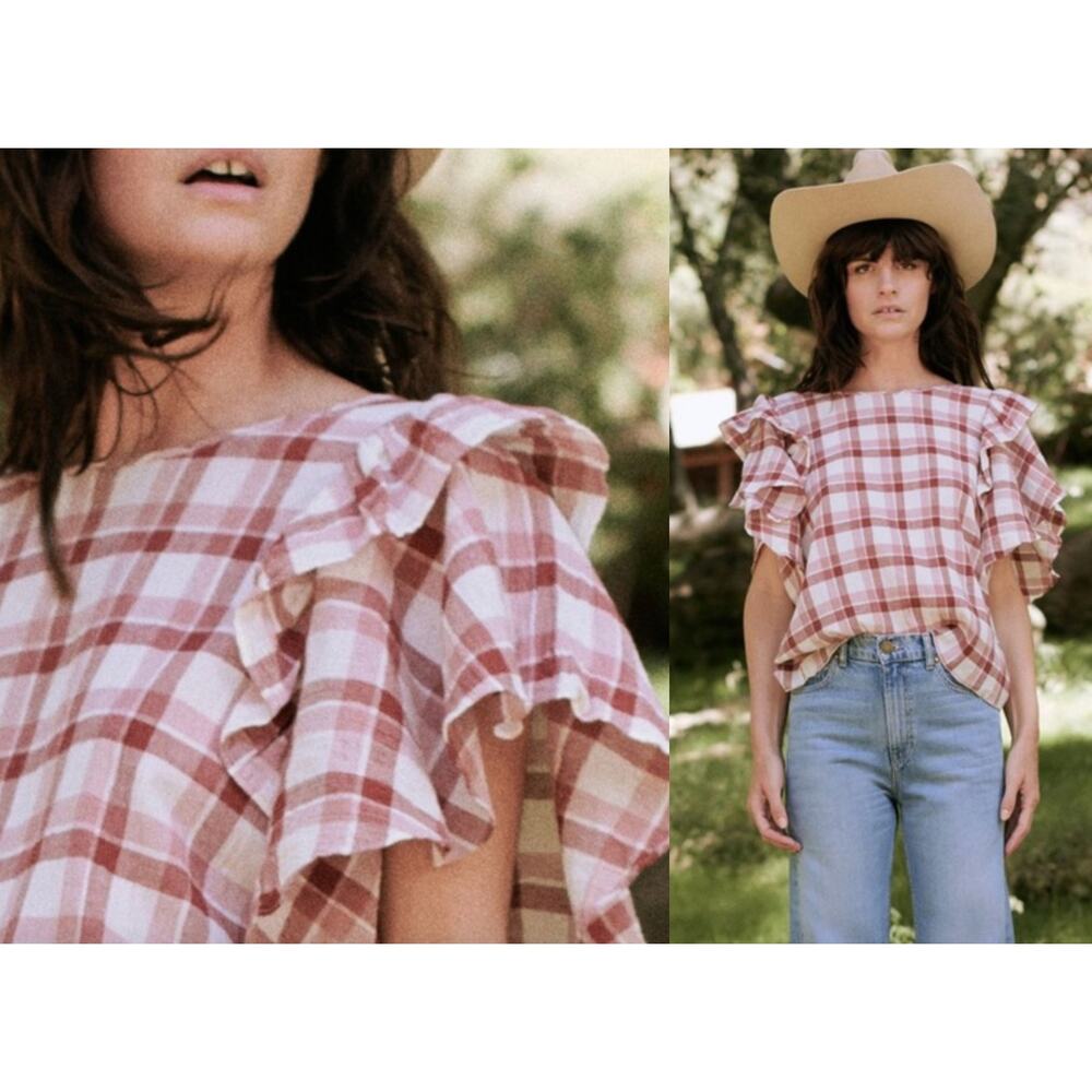 THE GREAT. Pink and Cream Plaid Ruffle Sleeve Blouse